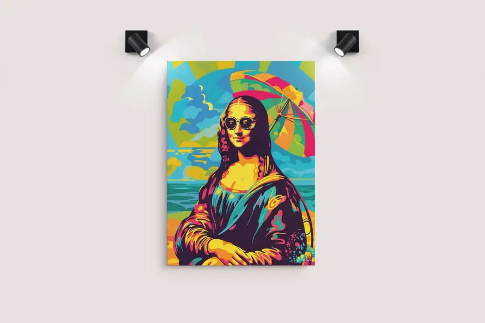 Toile vibrante de pop-art mettant en scène la Joconde avec des lunettes de soleil et un parapluie de plage coloré, rendue avec des teintes néon audacieuses sur une surface de tissu tendu.