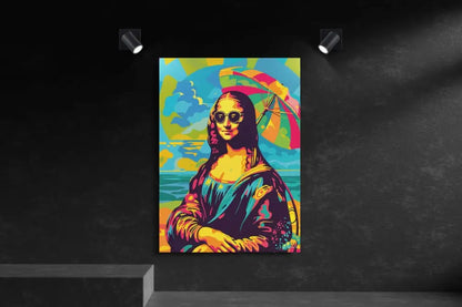 Toile vibrante de pop-art mettant en scène la Joconde portant des lunettes de soleil et tenant un parapluie arc-en-ciel, rendue en teintes néon audacieuses contre un mur sombre.