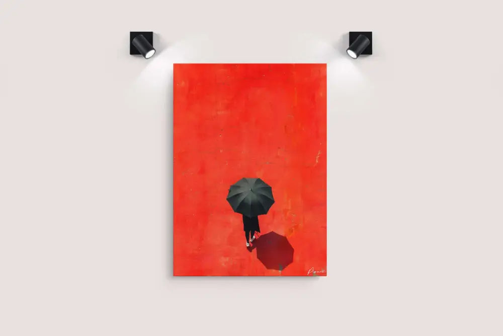 Une peinture sur toile minimaliste mettant en scène une figure solitaire tenant un parapluie noir sur un fond rouge vibrant.