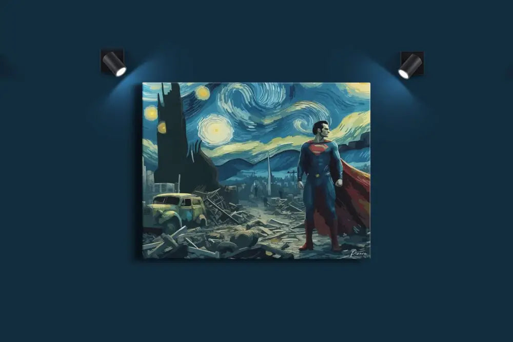 Superman se tient dans un costume bleu et rouge avec sa cape flottant, représenté sur une œuvre d’art sur toile qui mélange le style de « La Nuit étoilée » de Van Gogh sur une scène post-apocalyptique.