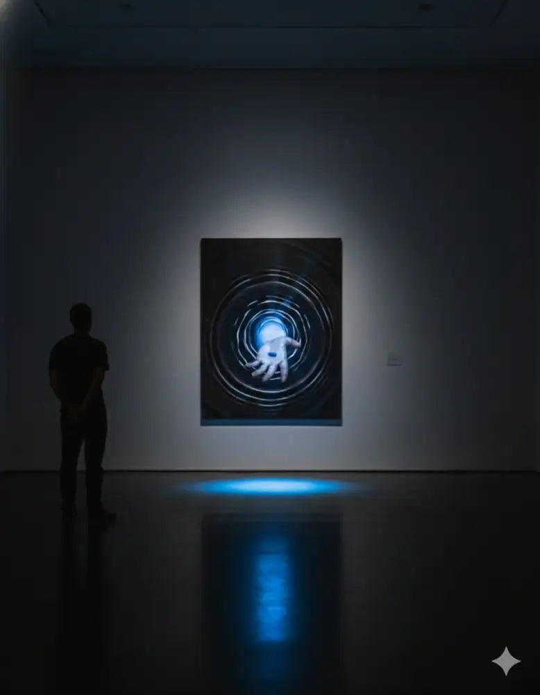 Une peinture abstraite bleue lumineuse présentant des cercles concentriques et une main illuminée centrale, exposée sur un mur sombre dans une galerie d’art.