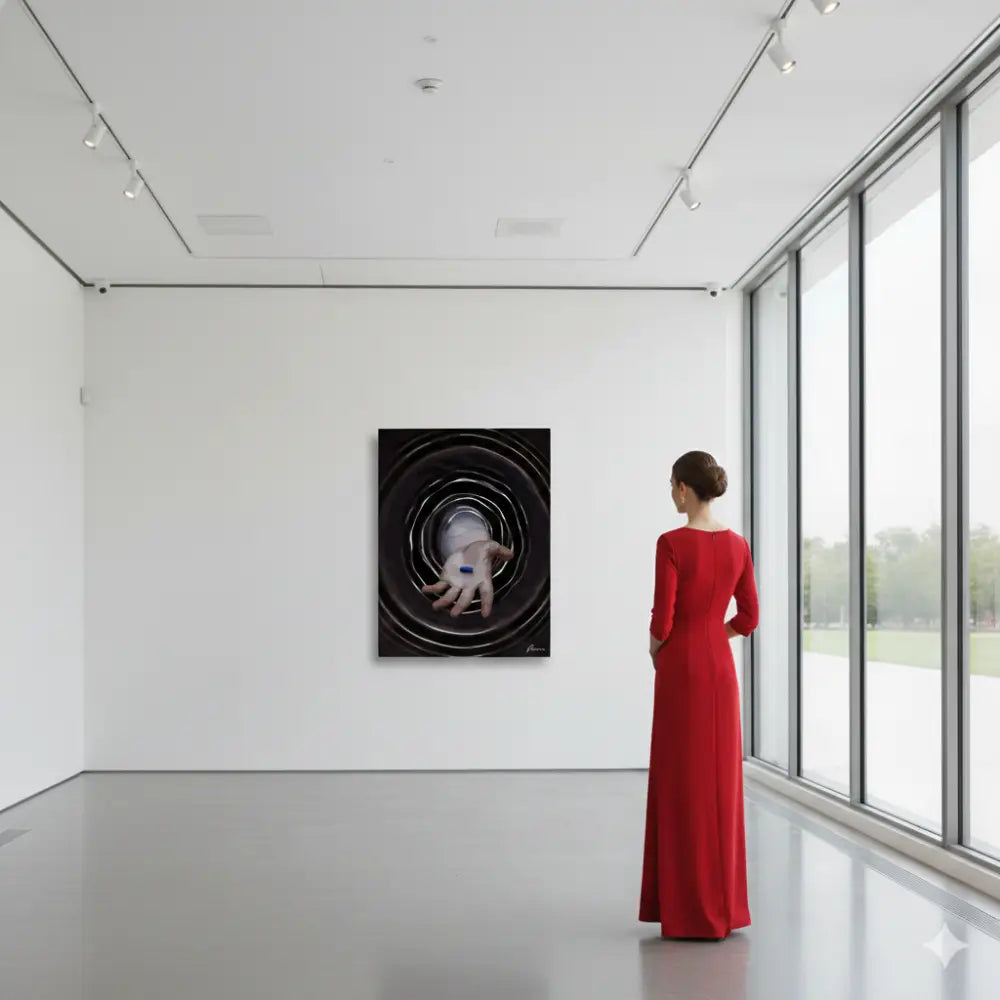 Une peinture abstraite frappante en noir et blanc présentant des motifs circulaires concentriques entourant une main centrale avec une bague bleue, exposée sur un mur de galerie.