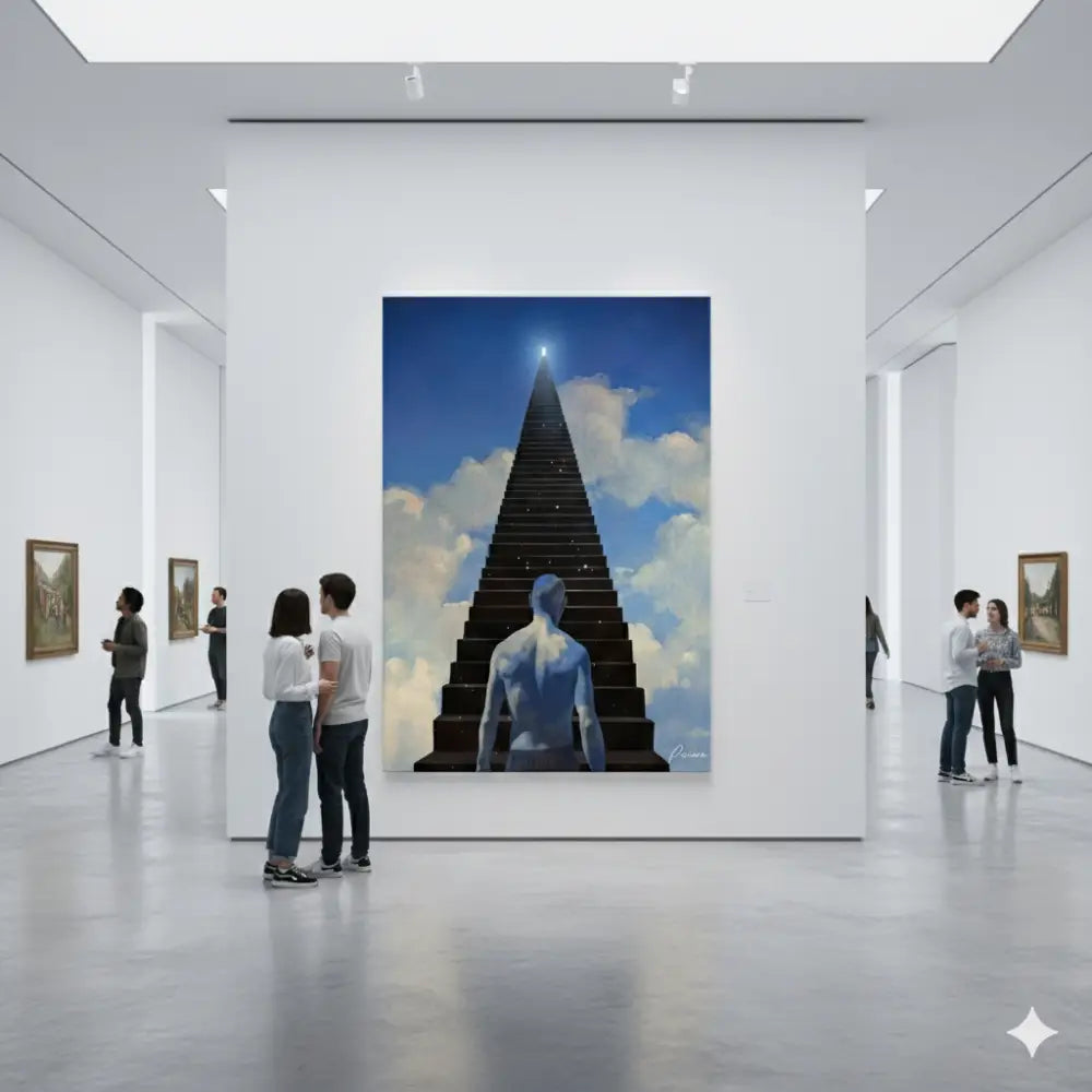 Une grande peinture orientée verticalement représentant une figure à la peau bleue debout à la base d’un escalier ascendant qui mène vers un ciel clair avec des nuages.