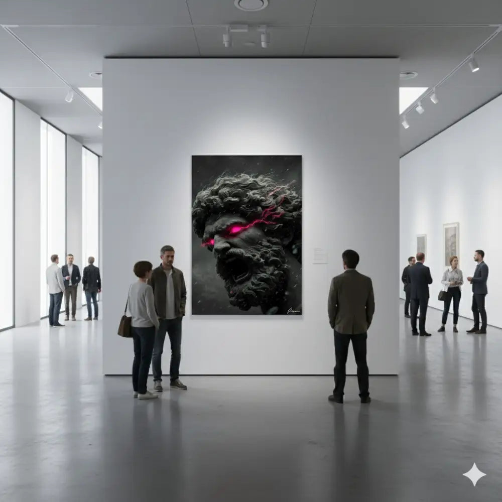 Une impression sur toile noir et blanc frappante mettant en scène une figure musclée et barbouillée avec des yeux roses luisants et des stries dynamiques semblables à des éclairs sur son visage.