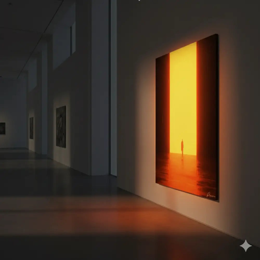 Une peinture sur toile rectangulaire frappante mettant en scène une figure solitaire debout au centre d’une porte illuminée orange et jaune, encadrée par des bordures sombres.