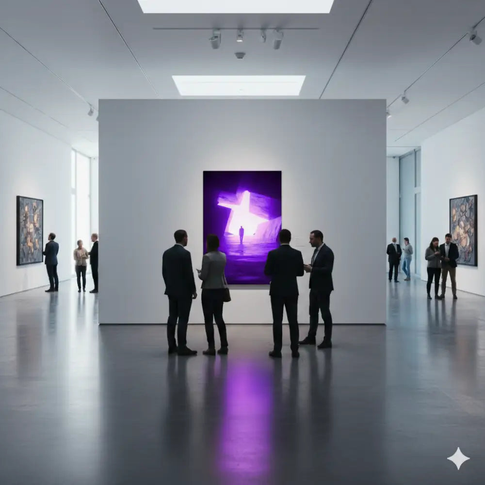 Un tableau abstrait violet frappant présentant une figure luminescente, illuminée, sur un fond sombre.