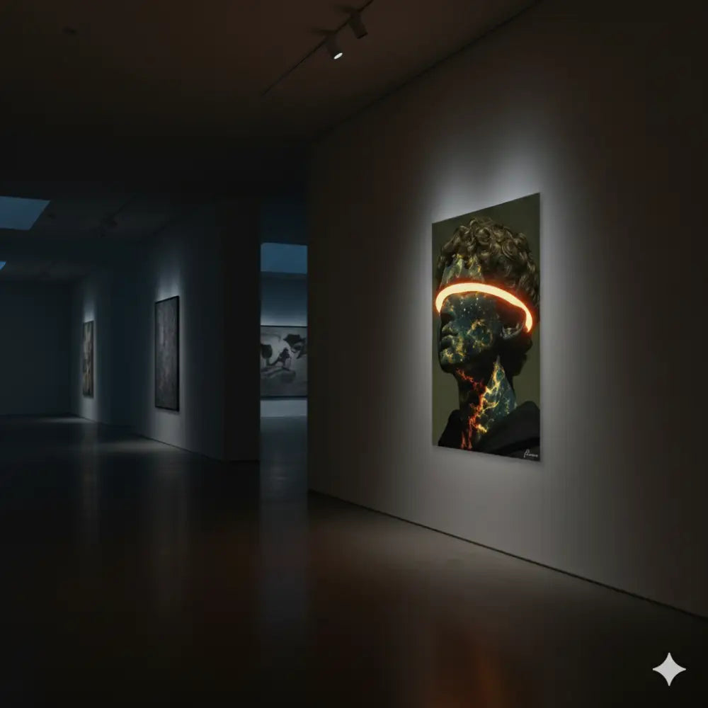 Une œuvre d’art numérique frappante représentant une tête humaine stylisée avec des bandes néon orange luminescentes autour des yeux et du cou, rendue en tons sombres contre un mur de galerie minimaliste.