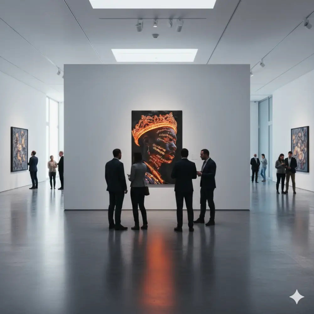 Un portrait frappant en noir et or représentant un visage couronné avec du texte luminescent, exposé de manière proéminente dans une galerie d’art.