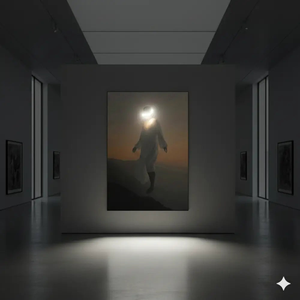 Un tableau encadré représentant la silhouette d’une figure debout sur une colline au crépuscule, avec la tête illuminée par une lumière vive sur un ciel orange et gris.