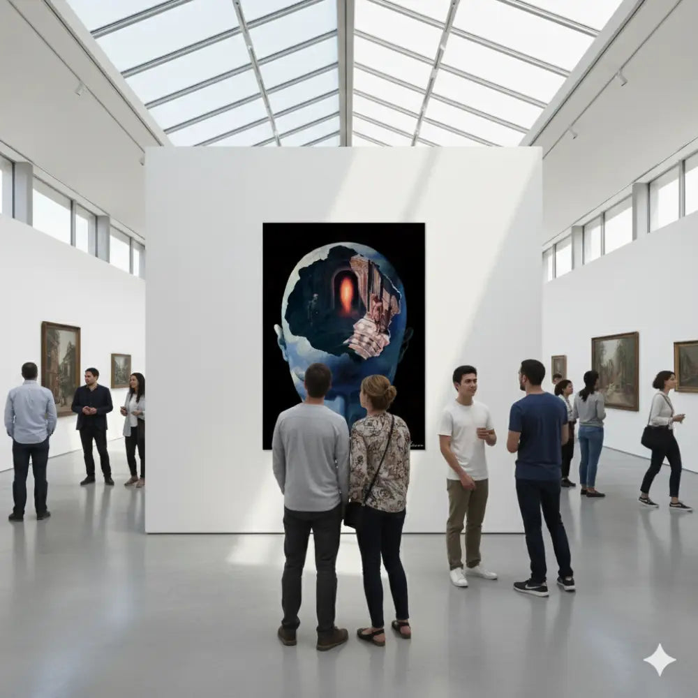 Une peinture frappante à cadre noir représentant une tête humaine surréaliste avec un œil orange luminescent et des structures internes complexes, exposée de manière proéminente dans une galerie d’art moderne.