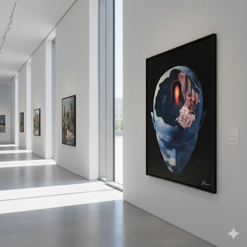 Une peinture frappante à cadre noir représentant une tête humaine bleue avec une vue intérieure d’éléments architecturaux et surréalistes, incluant une porte orange luminescente.