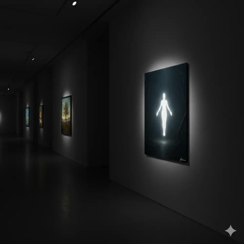 Une silhouette blanche luminescente d’une figure humaine sur une toile sombre, illuminée par un éclairage mural.