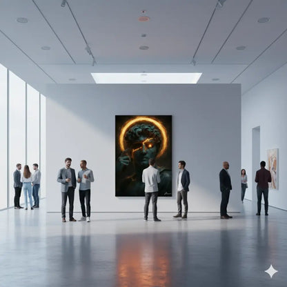 Une sculpture en marbre vert foncé frappante d’une figure classique avec un halo et un œil dorés lumineux, exposée dans une galerie d’art.