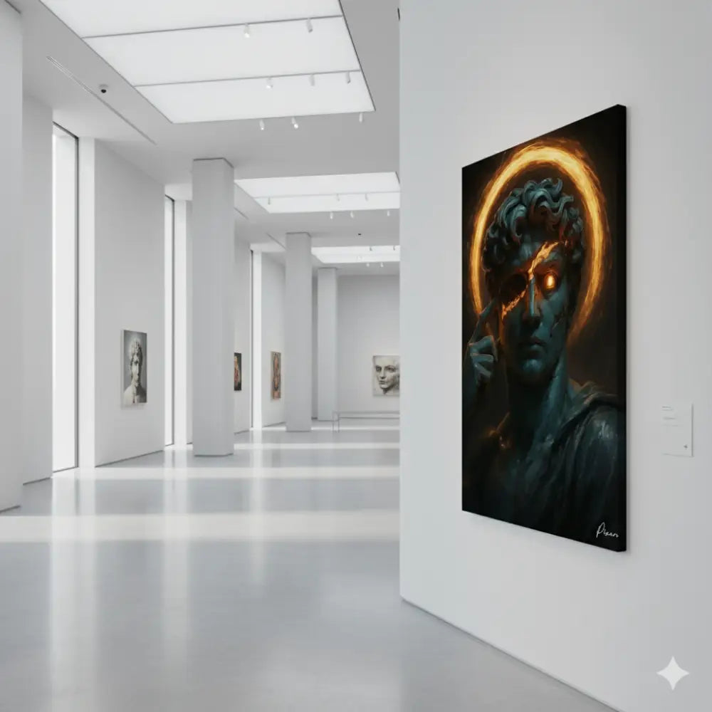 Une impression sur toile frappante mettant en scène une statue sombre et texturée aux yeux dorés luisants et à l’auréole éthérée de lumière chaude.