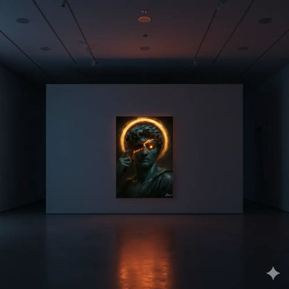 Une impression sur toile aux tons sombres représentant une statue classique aux yeux orange lumineux et halo, exposée dans un cadre de galerie d’art.