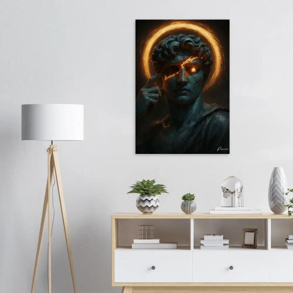 Une impression sur toile aux tons sombres présentant une statue classique aux yeux orange luminescents et un halo illuminé, dépeignant la figure sous un éclairage dramatique en clair-obscur.