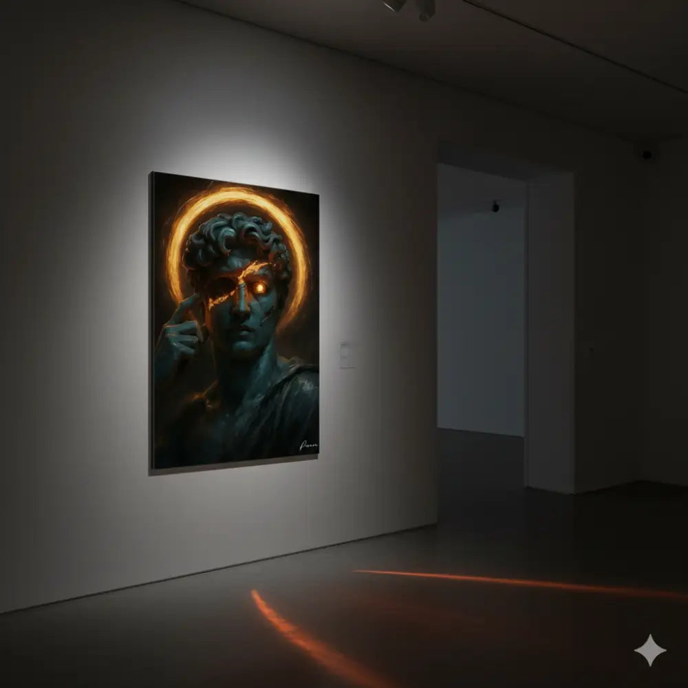 Une œuvre numérique aux tons sombres représentant une statue classique aux yeux dorés luisants et à l’auréole éthérée, accrochée sur un mur de galerie.