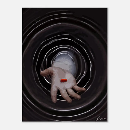 Une main avec une pilule rouge unique reposant sur sa paume, posée sur un fond de cercles concentriques noirs et blancs.