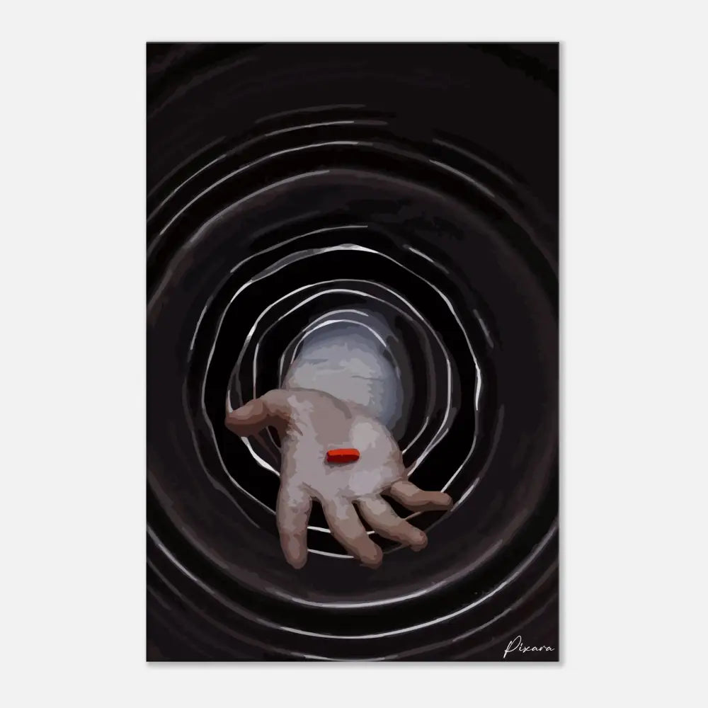 Une main avec une seule pilule rouge reposant sur sa paume, sur fond de cercles concentriques noirs et blancs ondulants.