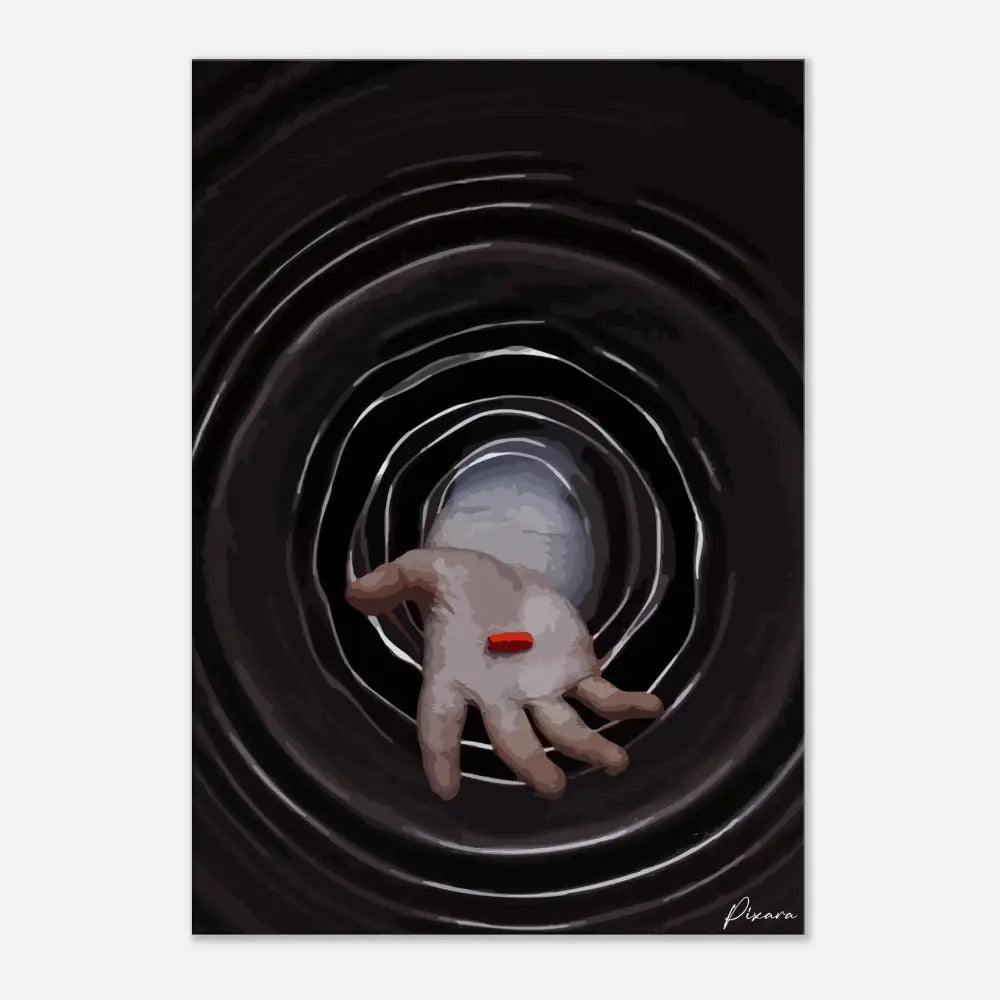 Une main avec une seule pilule rouge reposant sur sa paume, placée contre des anneaux concentriques noirs et argentés.