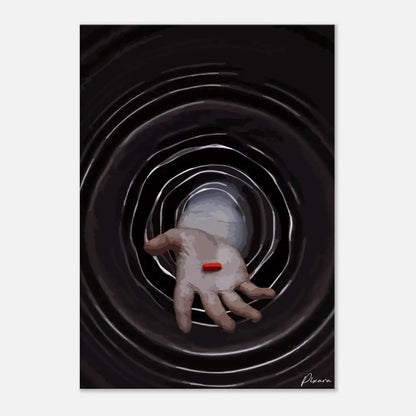 Une main avec une seule pilule rouge reposant sur sa paume, placée contre des anneaux concentriques noirs et argentés.