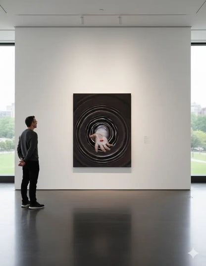 Une peinture abstraite aux tons sombres présentant des motifs circulaires concentriques rayonnant vers l’extérieur à partir d’une main centrale avec un détail orange-rouge sur sa paume.