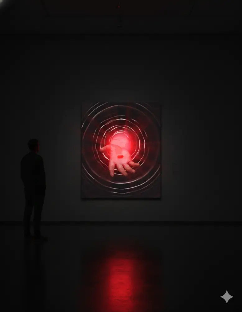 Une sculpture de main rouge luminescente avec des anneaux de lumière circulaires concentriques, exposée sur un mur sombre dans une galerie d’art.