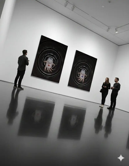 Deux peintures abstraites à cadre noir mettant en scène des figures translucides et luminescentes entourées de cercles concentriques.