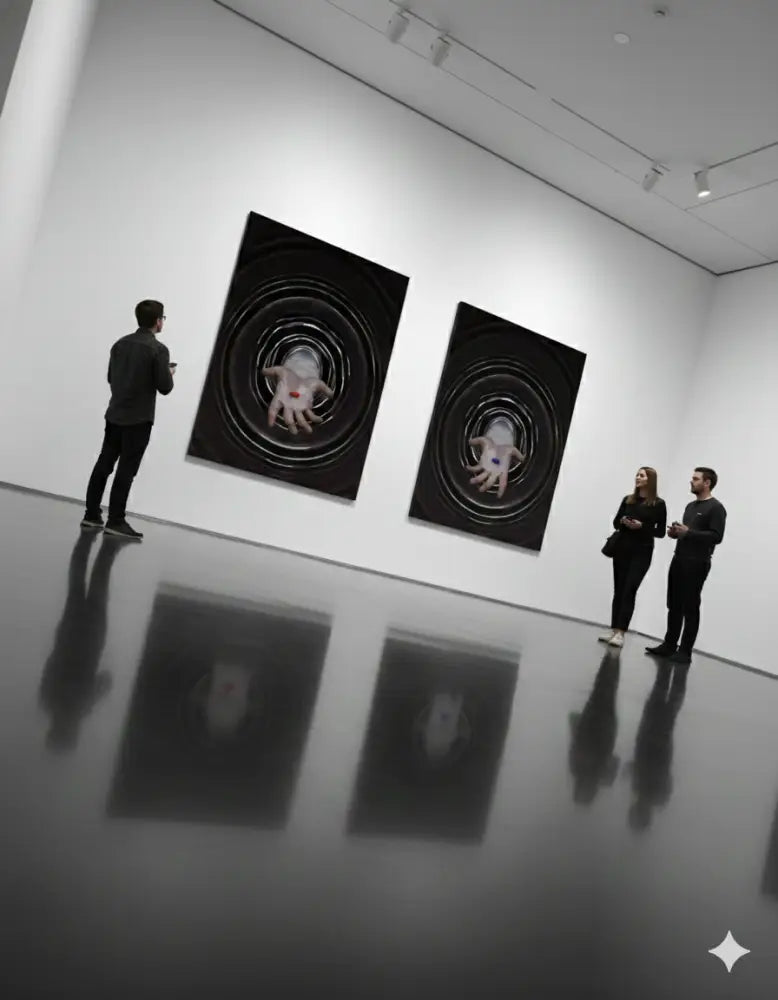 Deux peintures abstraites à cadre noir mettant en scène des figures translucides et luminescentes entourées de cercles concentriques.