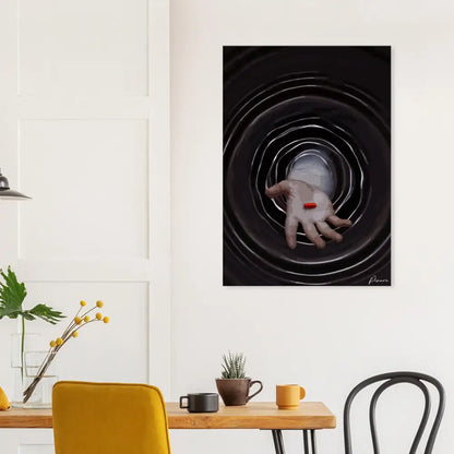 Art sur toile noire mettant en scène une main tenant une pilule rouge sur fond de ondulations circulaires concentriques.