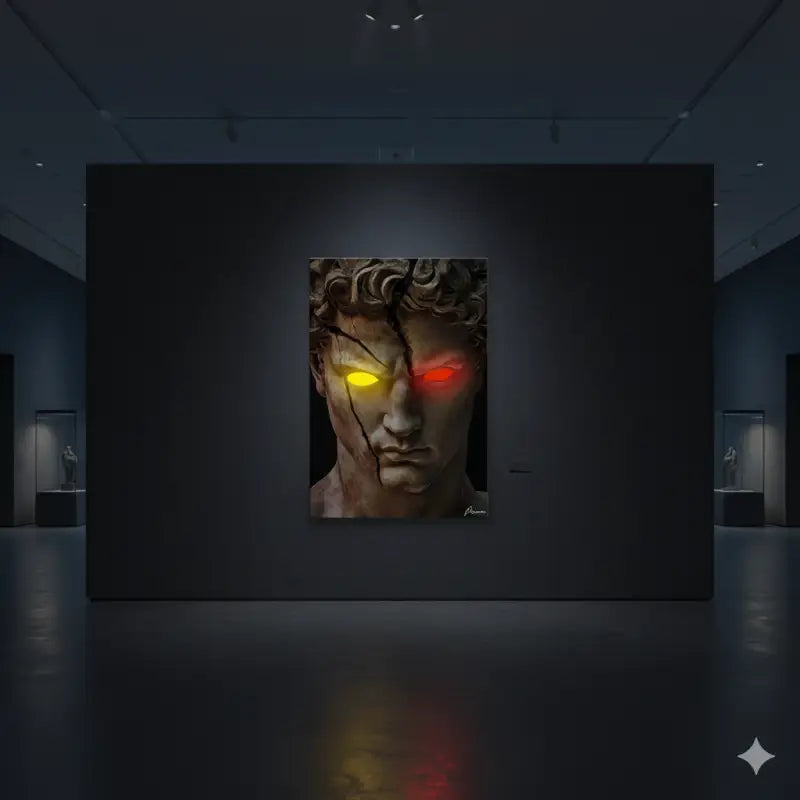 Une œuvre d’art numérique frappante représentant une tête de statue en marbre classique avec des yeux jaunes et rouges luminescents, encadrée en noir.