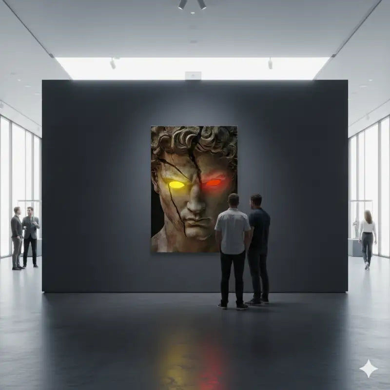 Une œuvre d’art numérique frappante représentant un buste de marbre classique avec des yeux jaunes et rouges lumineux, encadré dans un cadre de galerie d’art.