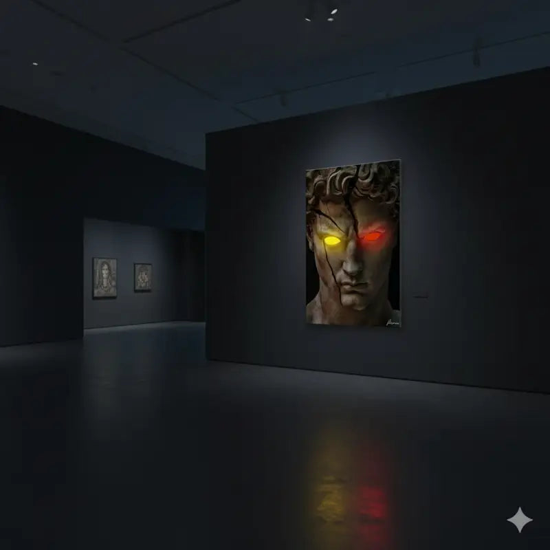 Un impressionnant tirage sur toile représentant un buste en marbre classique aux yeux jaunes et rouges luisants, monté sur un mur sombre de galerie.