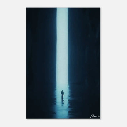 Une œuvre d’art numérique minimaliste représentant une figure solitaire debout au centre d’un immense puits vertical étroit illuminé par une lumière bleue froide.