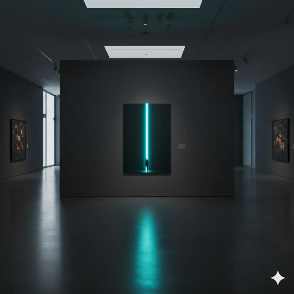 Une sculpture lumineuse en néon turquoise frappante, qui brille verticalement dans une installation de galerie à cadre sombre.