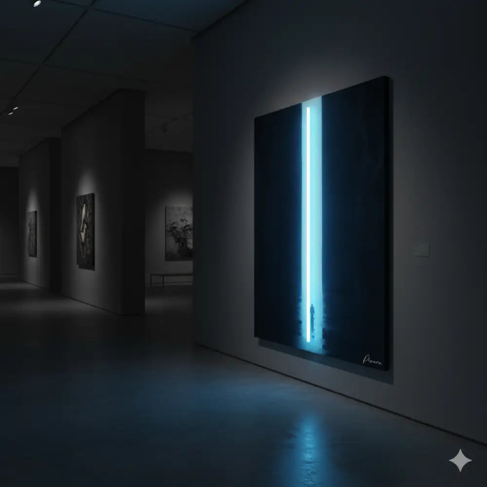 Un luminaire à néon bleu frappant monté sur une toile sombre, projetant une lueur éthérée dans l’espace de la galerie.