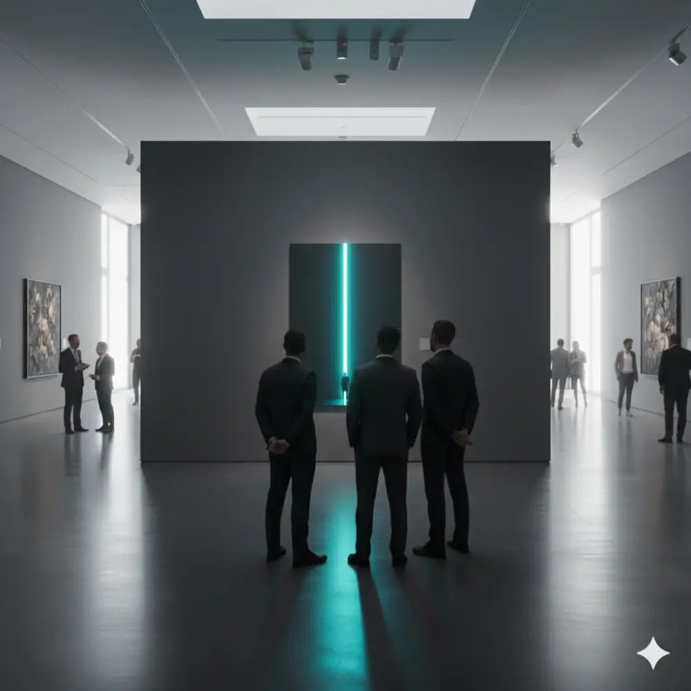 Une installation lumineuse verticale teal luisante dans un espace de galerie minimaliste.