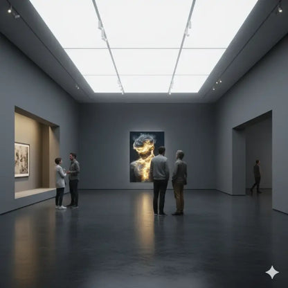 Une œuvre d’art numérique frappante représentant une figure humaine enveloppée de flammes dorées vives, exposée de manière proéminente sur le mur de la galerie.