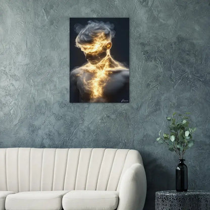 Une impression sur toile frappante dépeignant le haut du corps d’un homme englouti dans des flammes dorées et brillantes sur un fond sombre.
