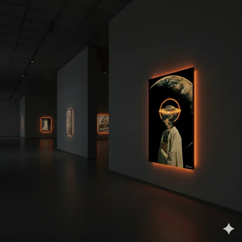 Une œuvre d’art encadrée illuminée d’une lueur orange représentant une figure avec une tête semblable à une planète et un halo, sur un fond sombre.