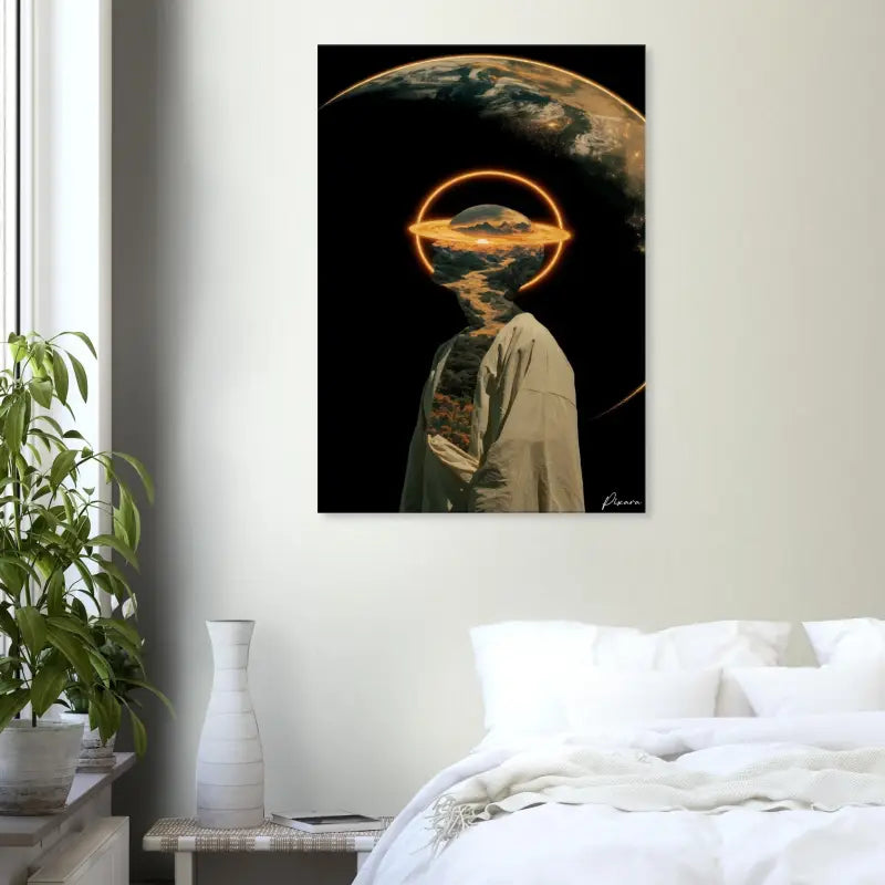 Une impression sur toile surréaliste mettant en scène une figure dont la tête est remplacée par le paysage terrestre, encadrée par un anneau orange luminescent sur un fond cosmique sombre.