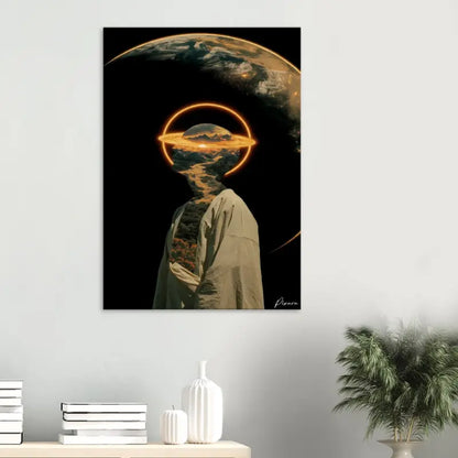 Une impression sur toile rectangulaire présentant une image surréaliste d’une figure avec une planète pour tête, sur fond sombre et encadrée par des anneaux orange lumineux.