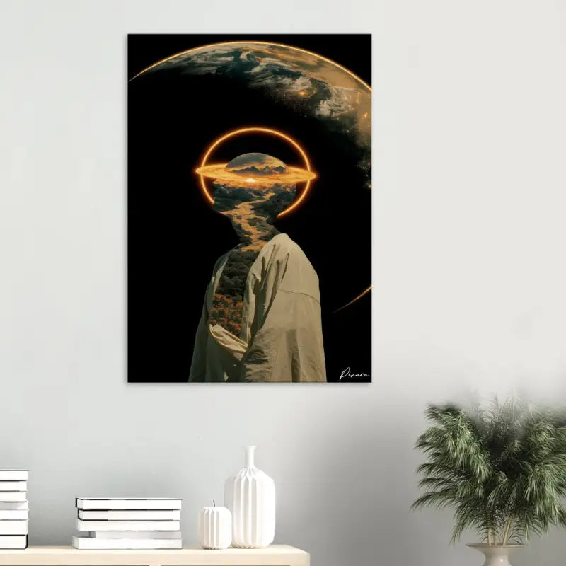 Une impression sur toile rectangulaire présentant une image surréaliste d’une figure avec une planète pour tête, sur fond sombre et encadrée par des anneaux orange lumineux.