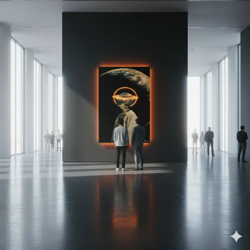 Une œuvre d’art encadrée frappante présentant un design circulaire orange luminescent superposé sur une représentation de la Terre, sur un fond sombre et illuminé par un rétroéclairage ambiant.