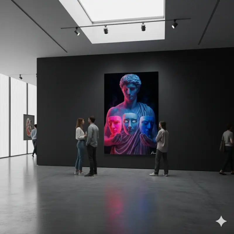 Une œuvre d’art numérique frappante présentant une statue classique à trois visages, illuminée de teintes néon roses et bleues vibrantes sur un fond sombre.