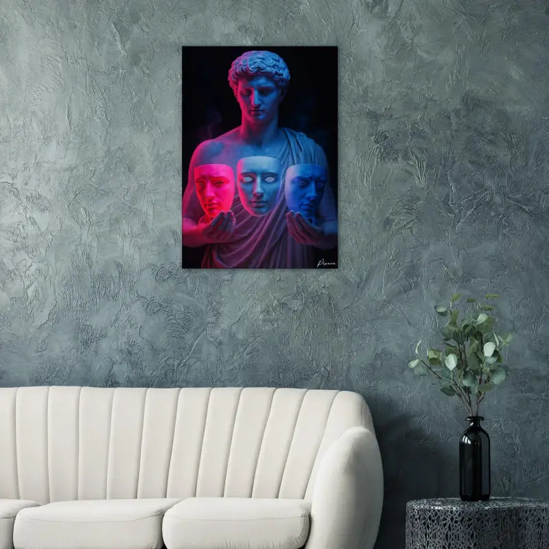 Impression sur toile éclairée par néon mettant en scène une statue classique tenant trois masques théâtraux dans des tons vibrants de rose, blanc et bleu.