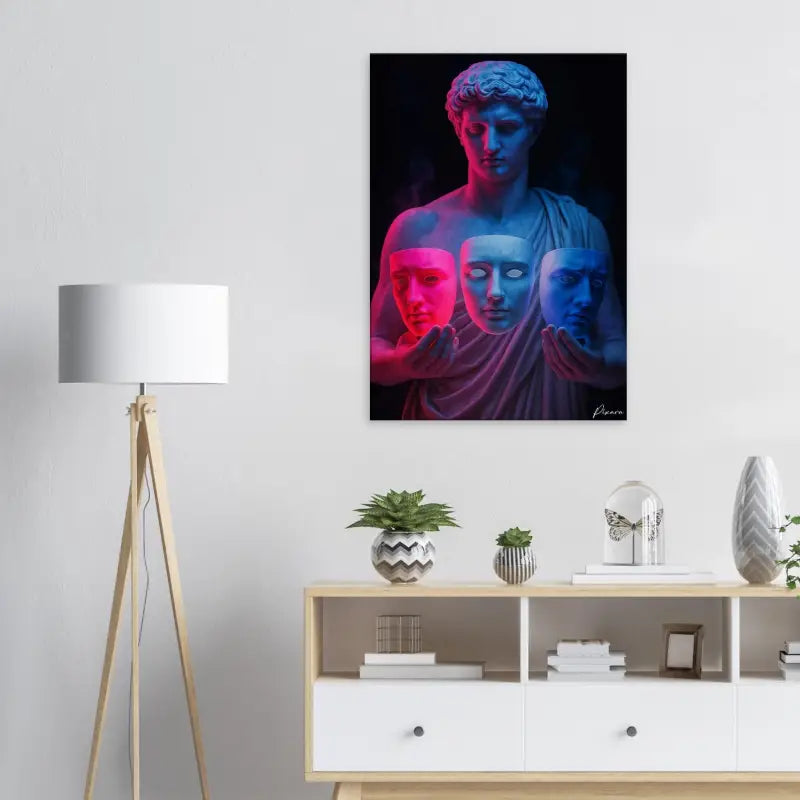 Une impression sur toile vibrante représentant une statue classique tenant trois masques, illuminée par un éclairage néon rose et bleu saisissant.