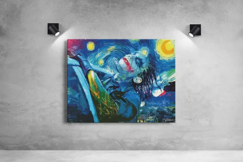 Peinture abstraite vibrante en bleu et jaune mettant en scène une figure stylisée sur fond de ciels étoilés tourbillonnants, évoquant le style de Van Gogh.