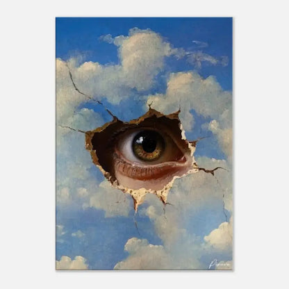 Un œil peint de manière réaliste avec des iris dorés et des paupières détaillées regarde à travers un trou déchiré et fissuré dans un ciel bleu rempli de nuages blancs duveteux.