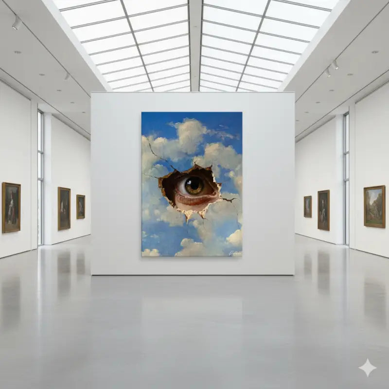 Une peinture à l’huile sur toile frappante représentant un œil brun réaliste observant à travers un trou déchiré dans un ciel bleu avec des nuages blancs duveteux.
